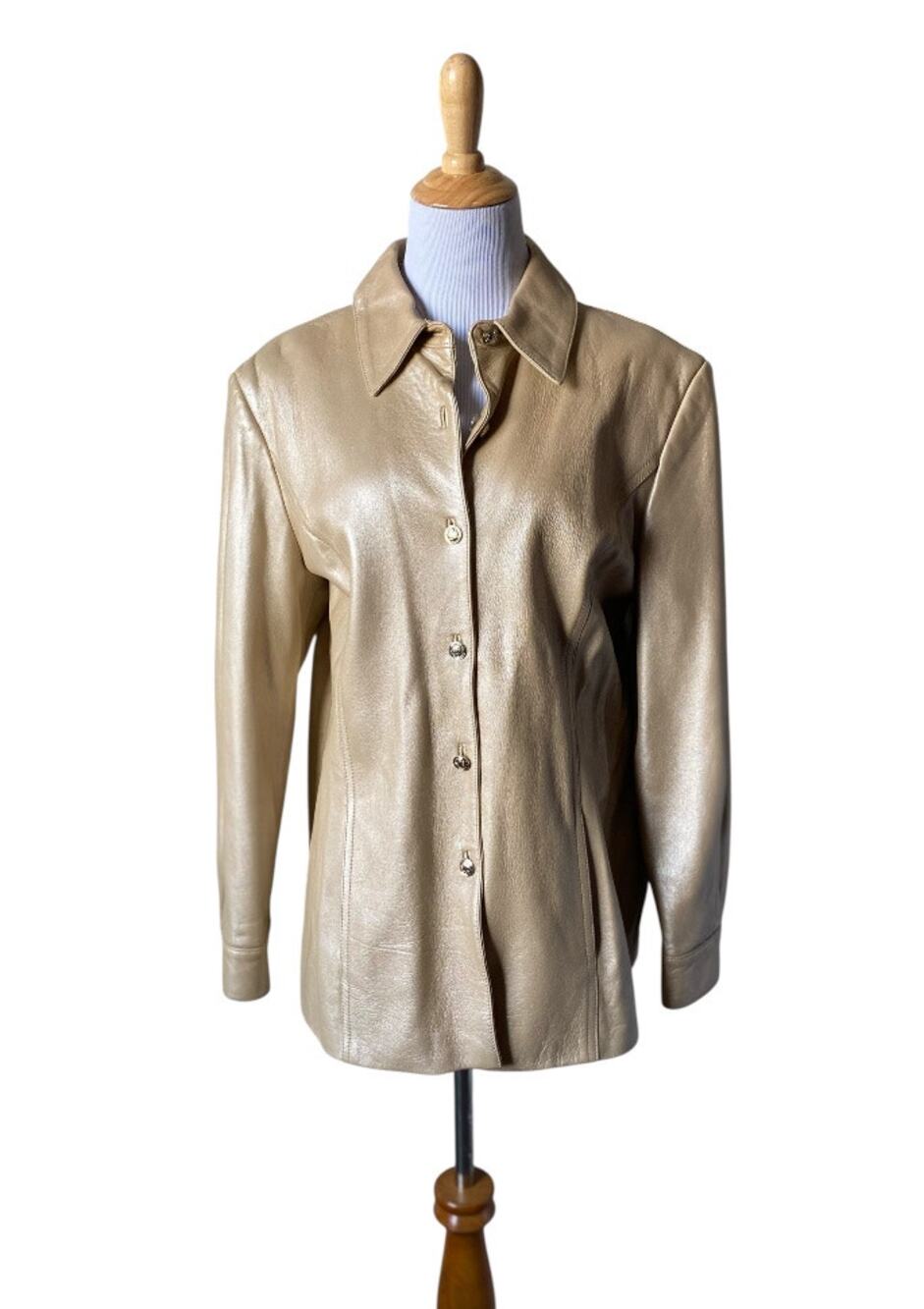 St. John Sport Button Up Gold Metallic 100% Italian Leather Jacket- Size Large